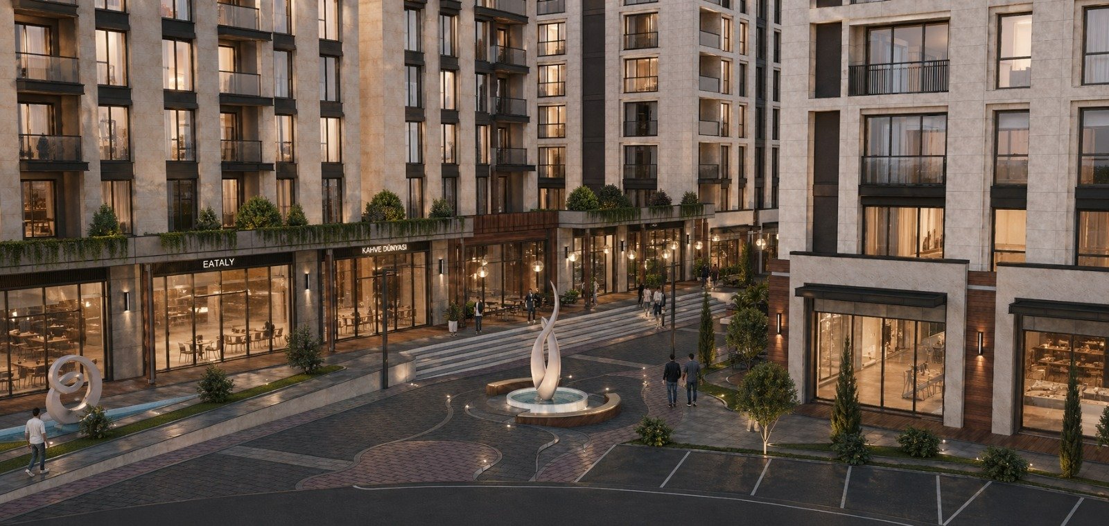 Alya City Veliefendi plaza with a fountain, cafés and shops
