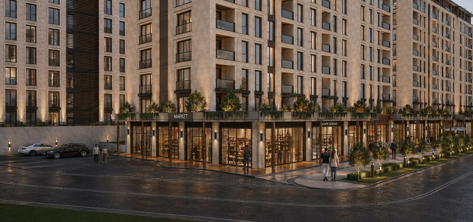 Alya City Veliefendi blocks with a market and cafés on the street