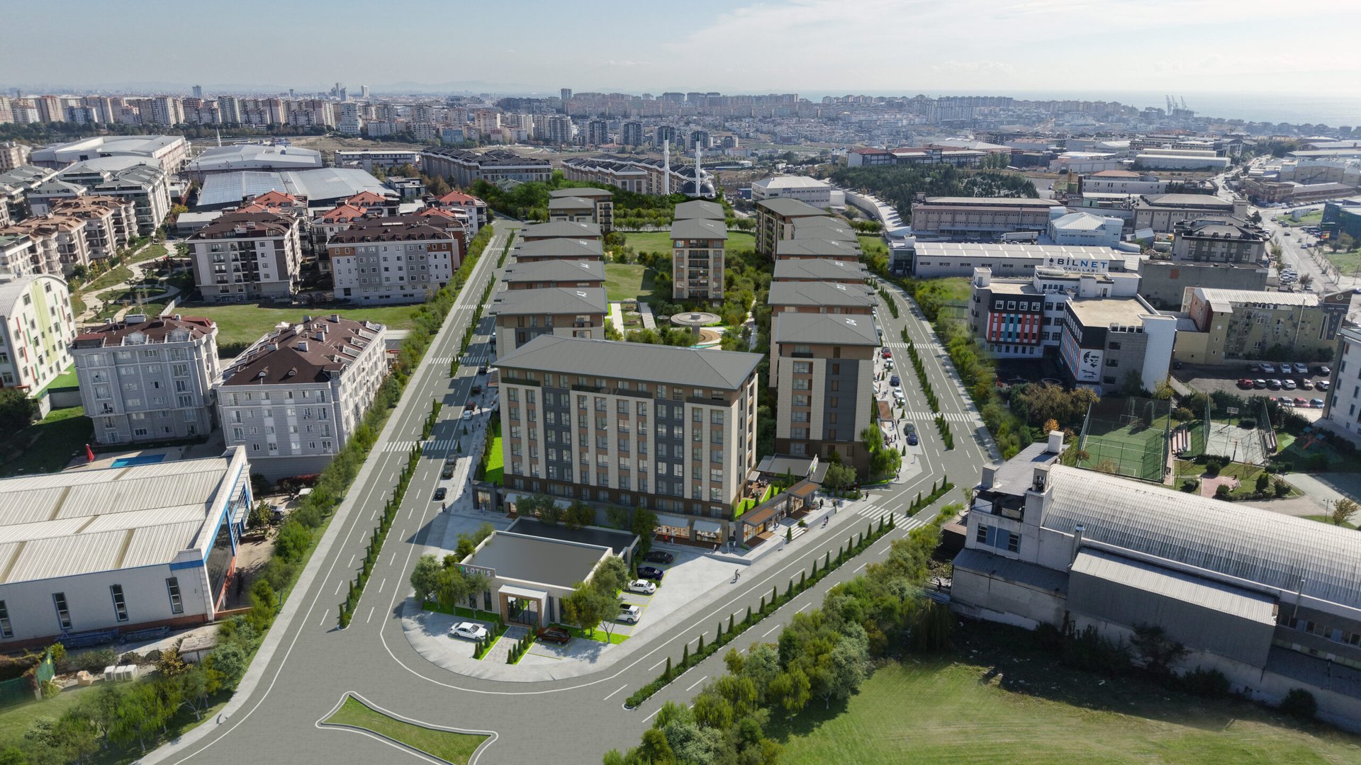 Lotus Yaşam aerial view of the blocks and landscaped courtyard in Beylikdüzü