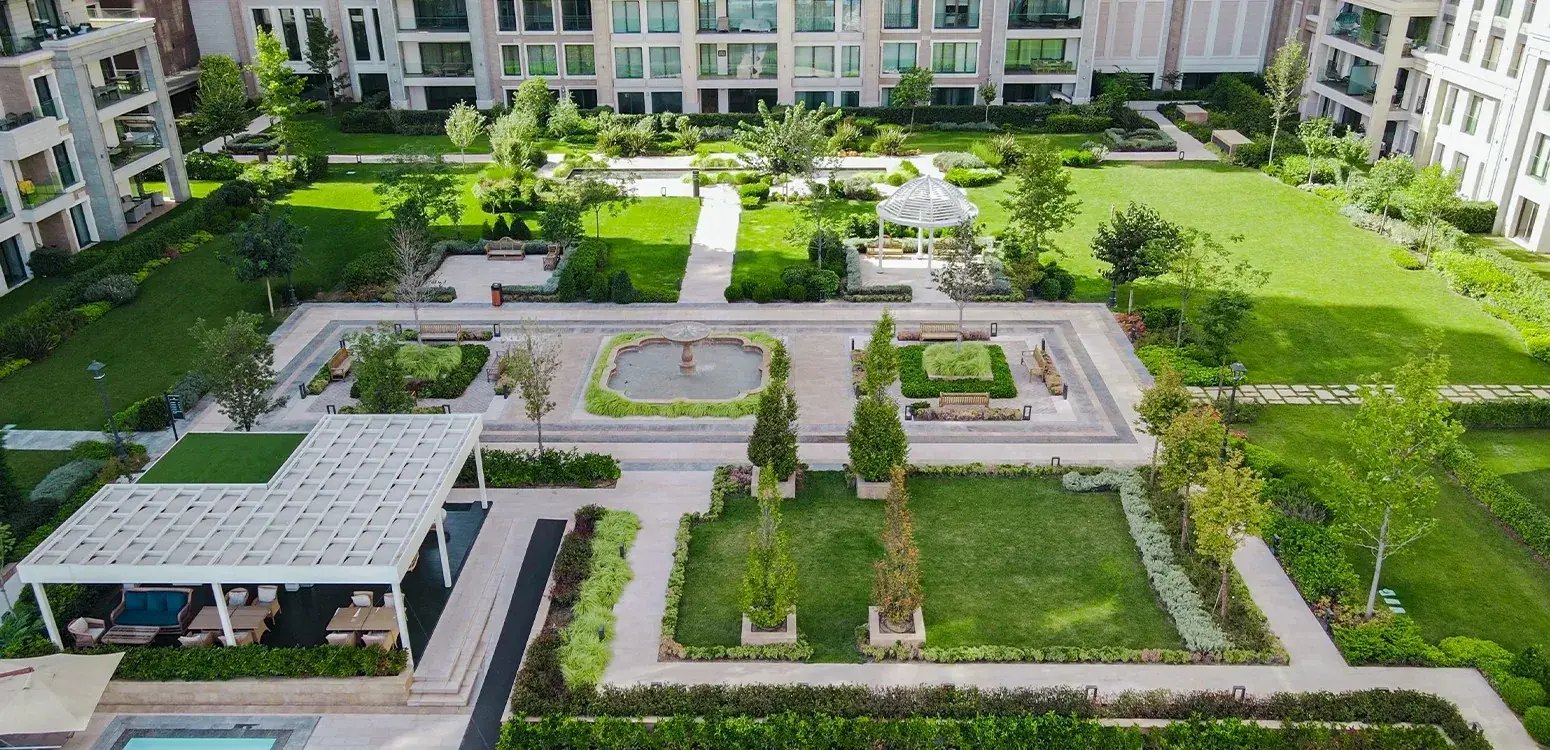 Büyükyalı landscaped gardens and courtyards from above