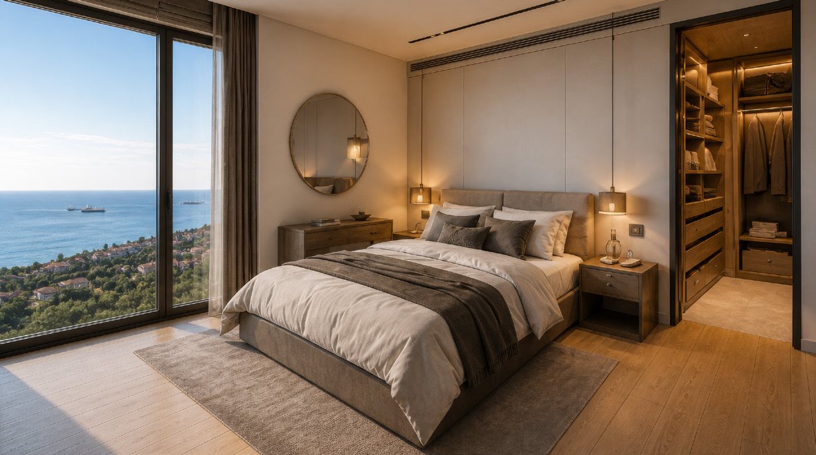 CasaBlu Vadi bedroom with sea view and walk-in wardrobe