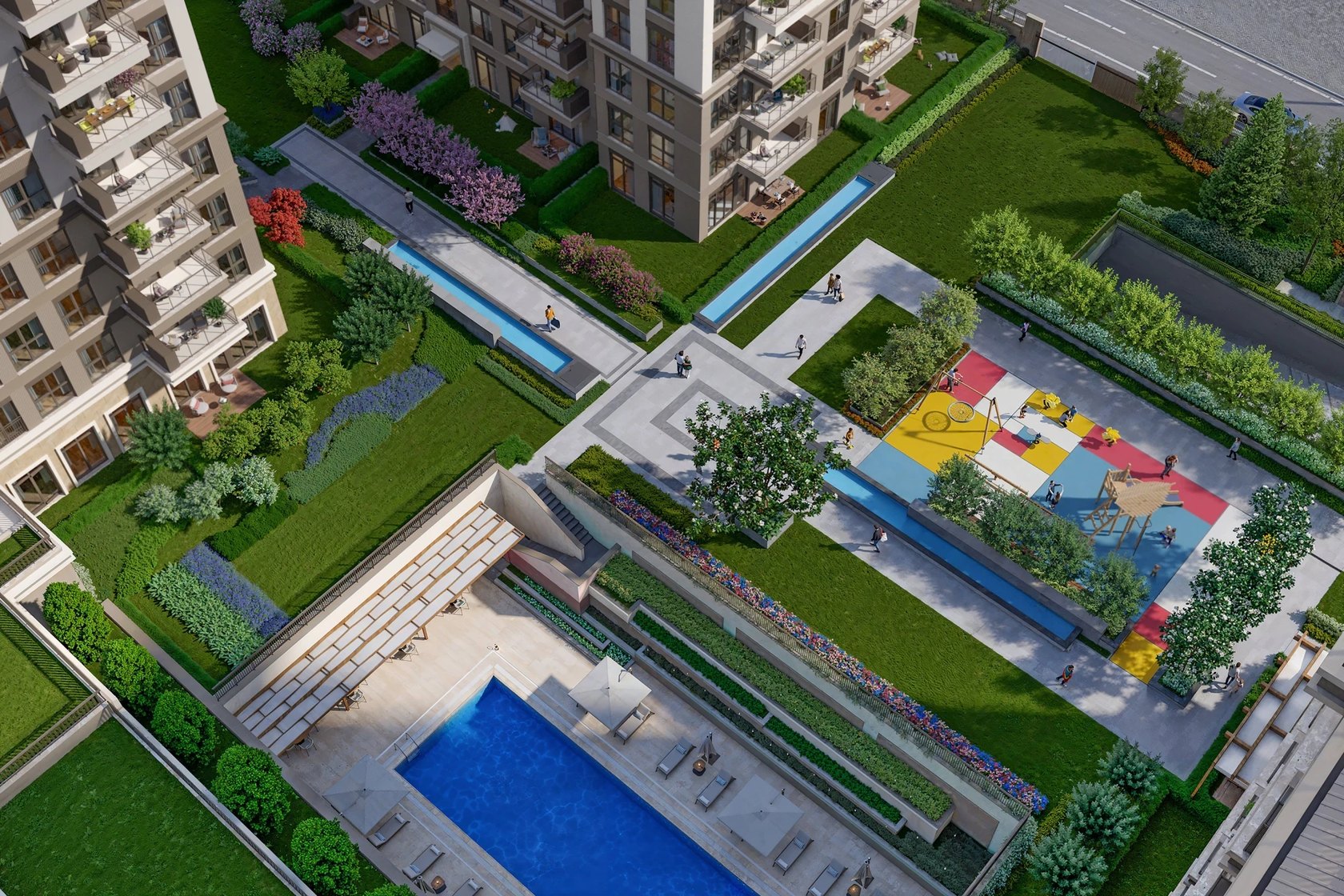 Hayat Flora landscaped gardens, pool and play areas seen from above