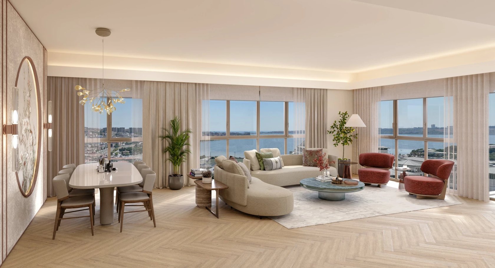 Hayat Flora living and dining room with lake and sea views