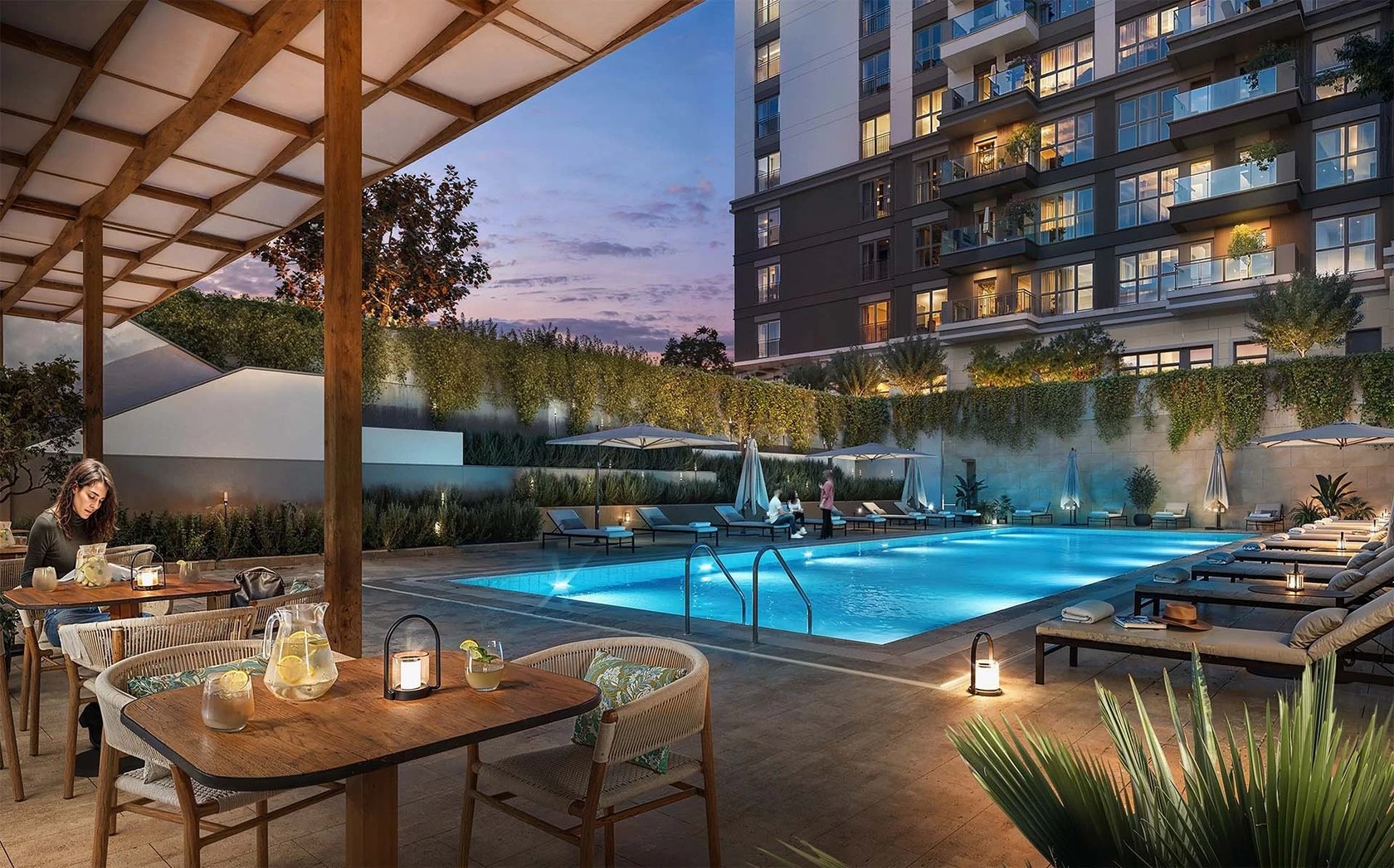 Hayat Flora poolside terrace in the evening
