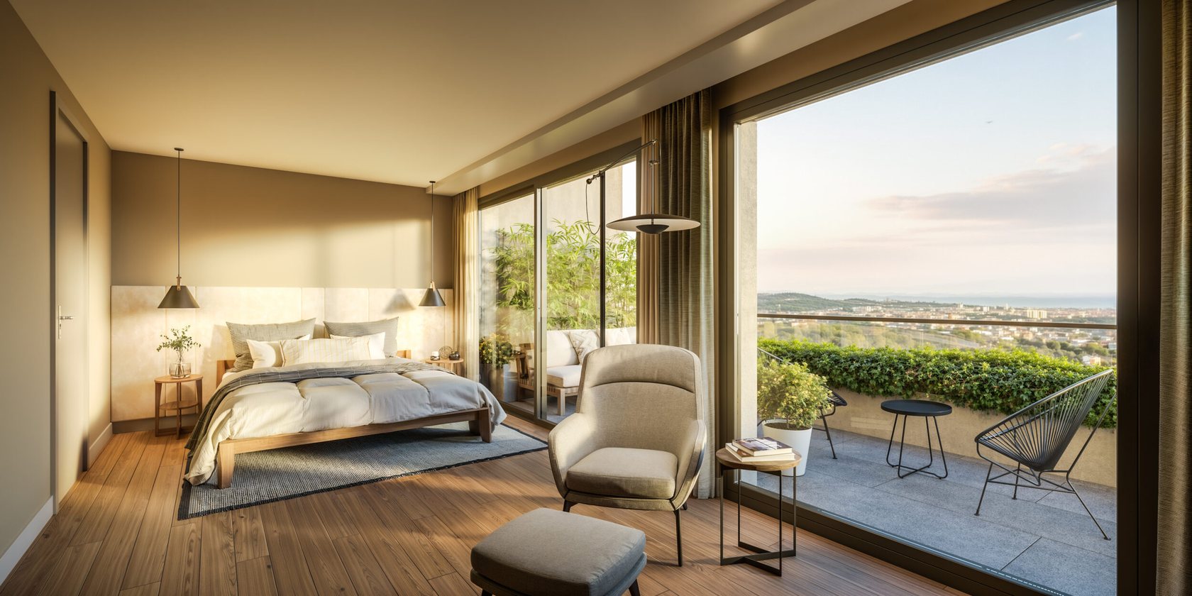 Mesa Yenikent bedroom opening onto the balcony