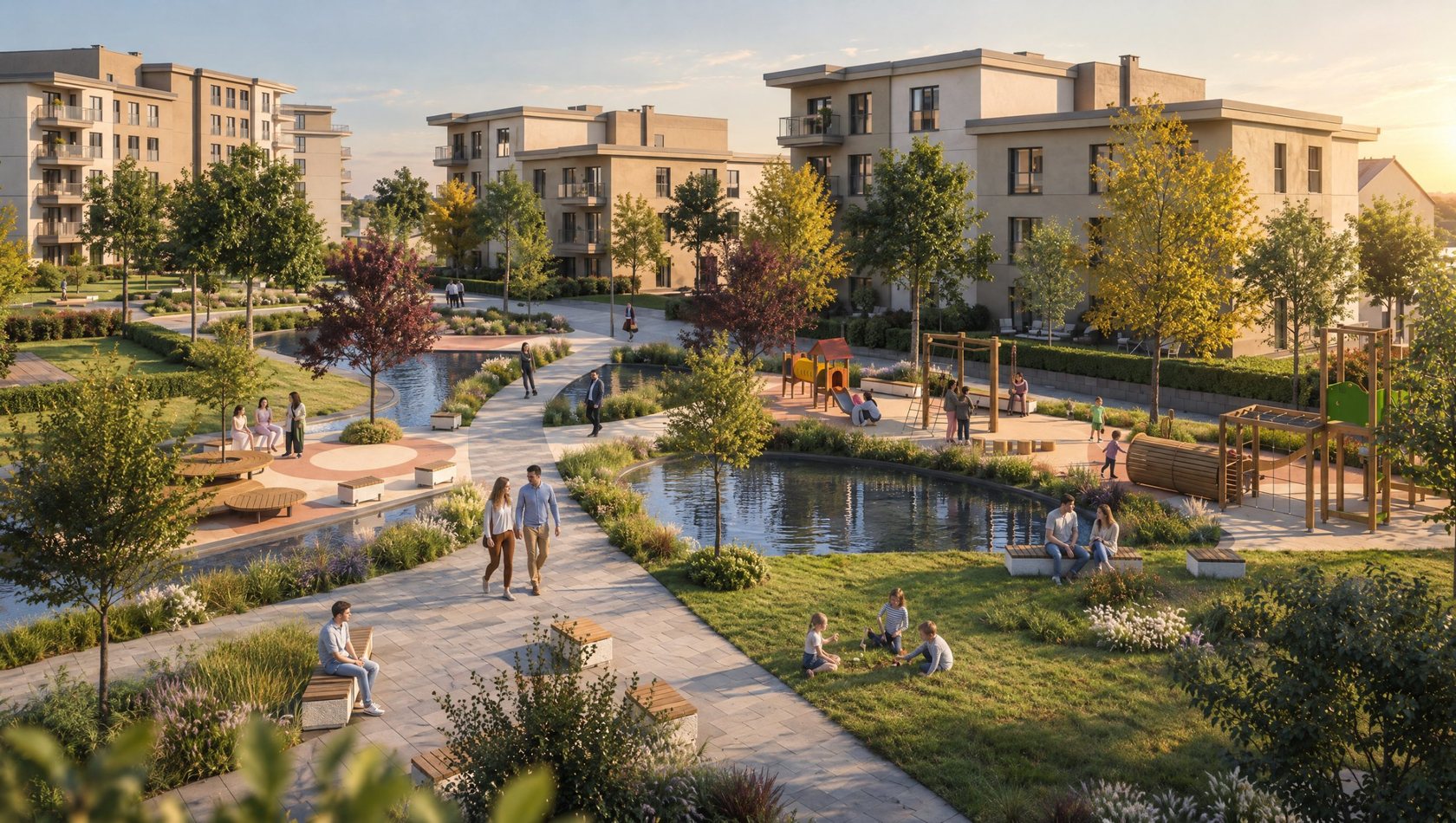 Mesa Yenikent landscaped park with pond and seating terraces