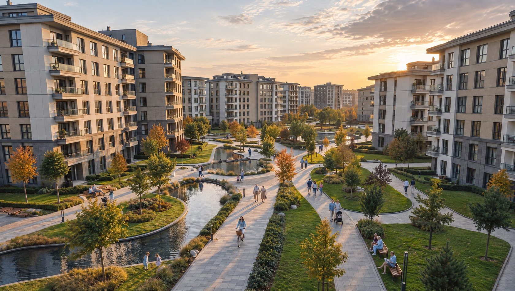 Mesa Yenikent central park with ponds and walking paths between low-rise blocks in Başakşehir