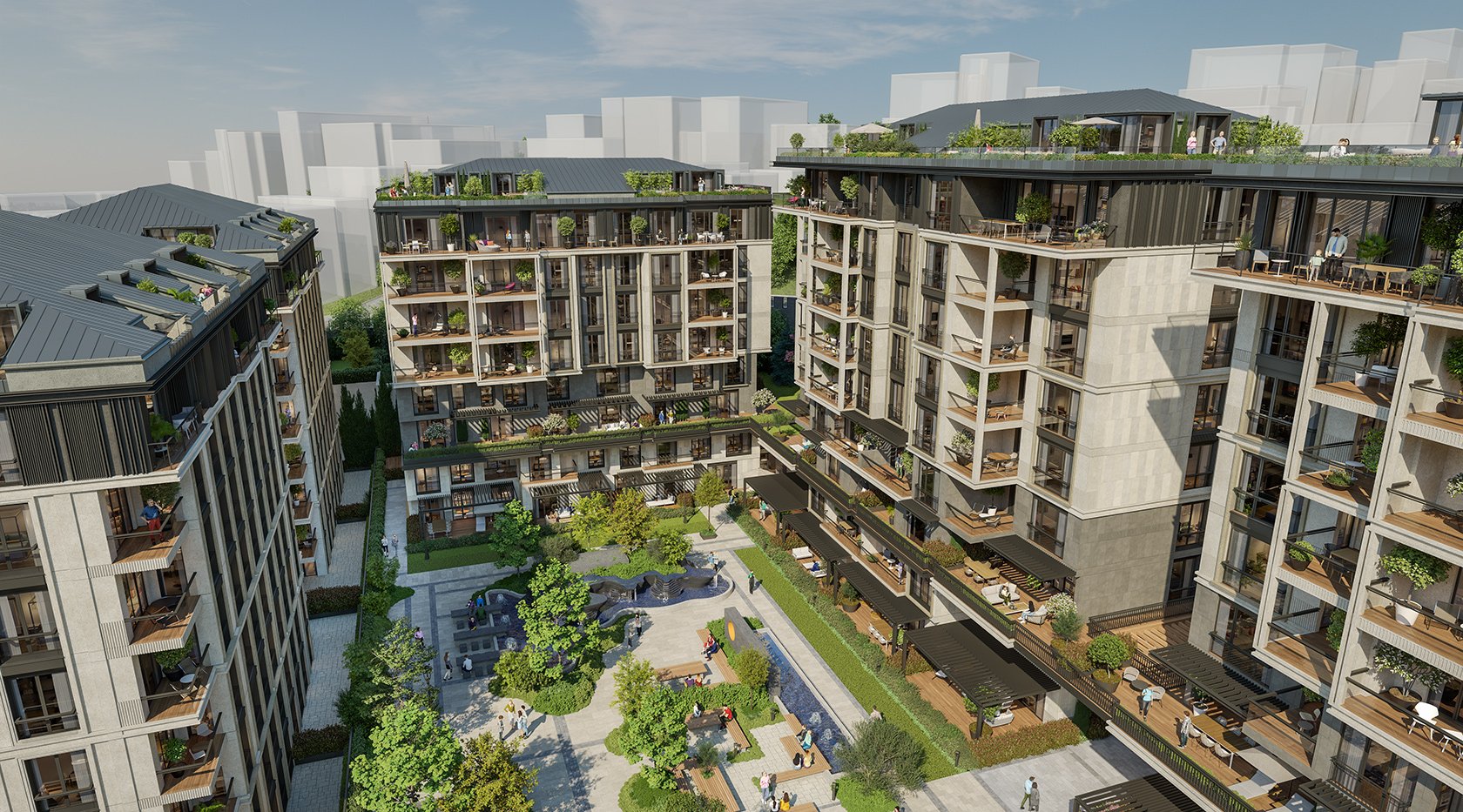 Referans Beşiktaş central garden courtyard framed by the residential blocks