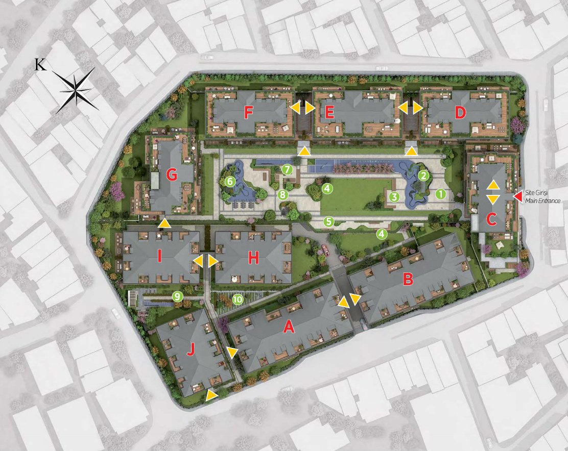 Referans Beşiktaş site plan with blocks A to J and the central garden