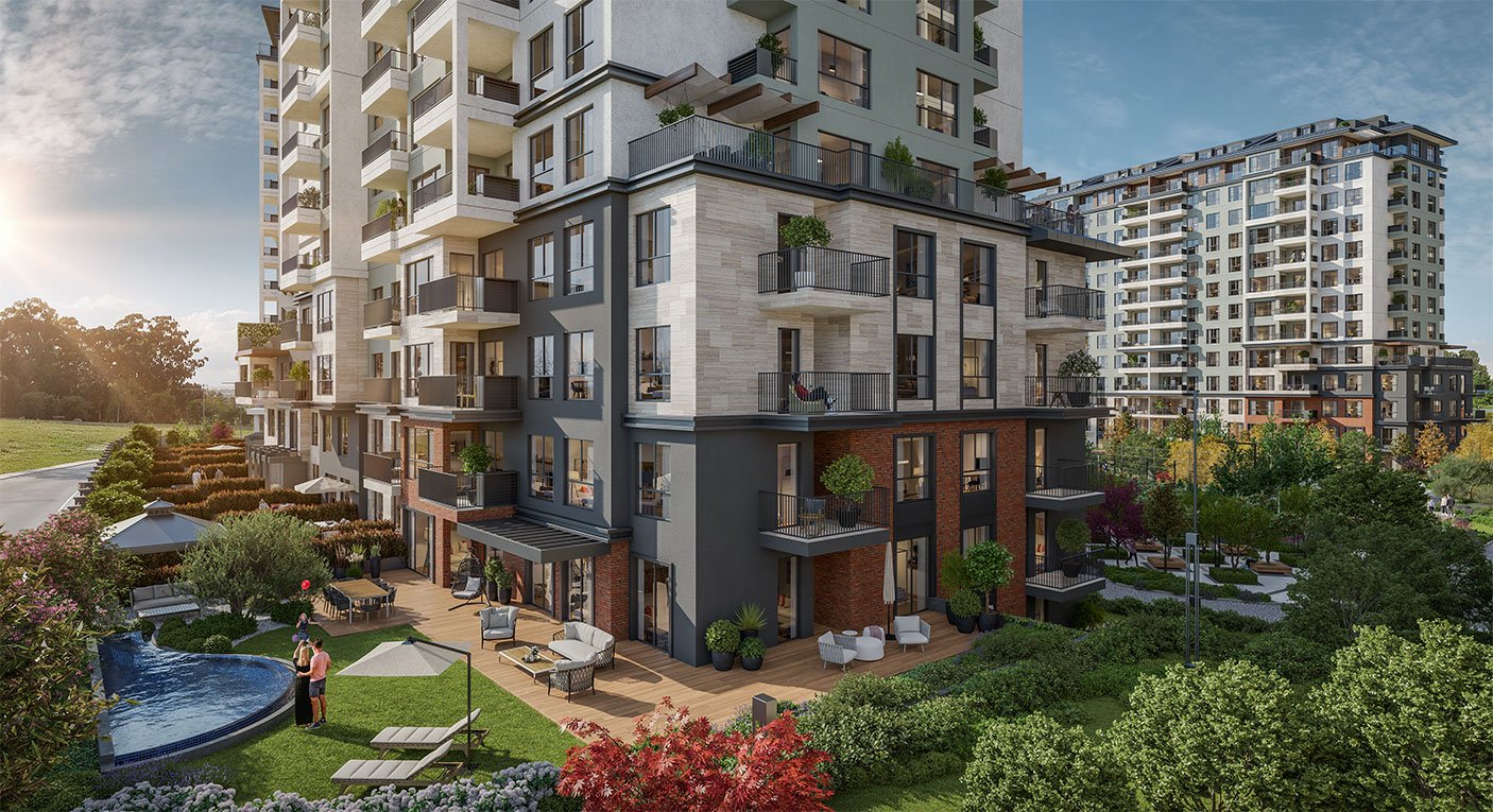Referans Beylikdüzü garden duplexes beside a decorative pool
