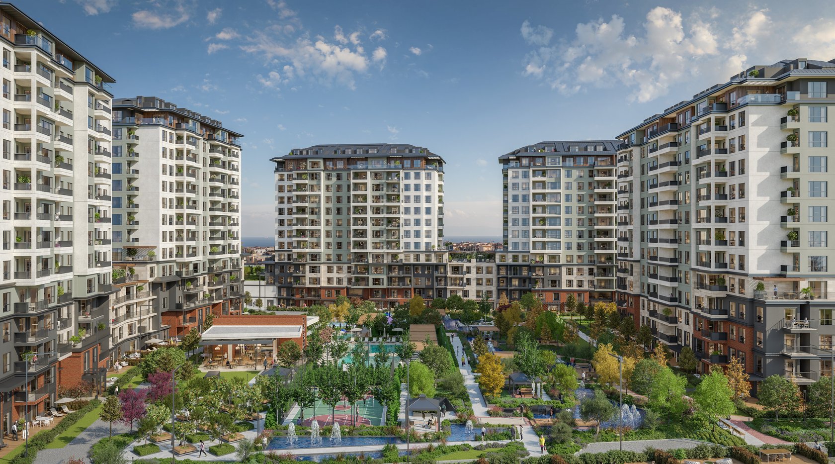 Referans Beylikdüzü towers around a landscaped central garden with fountains