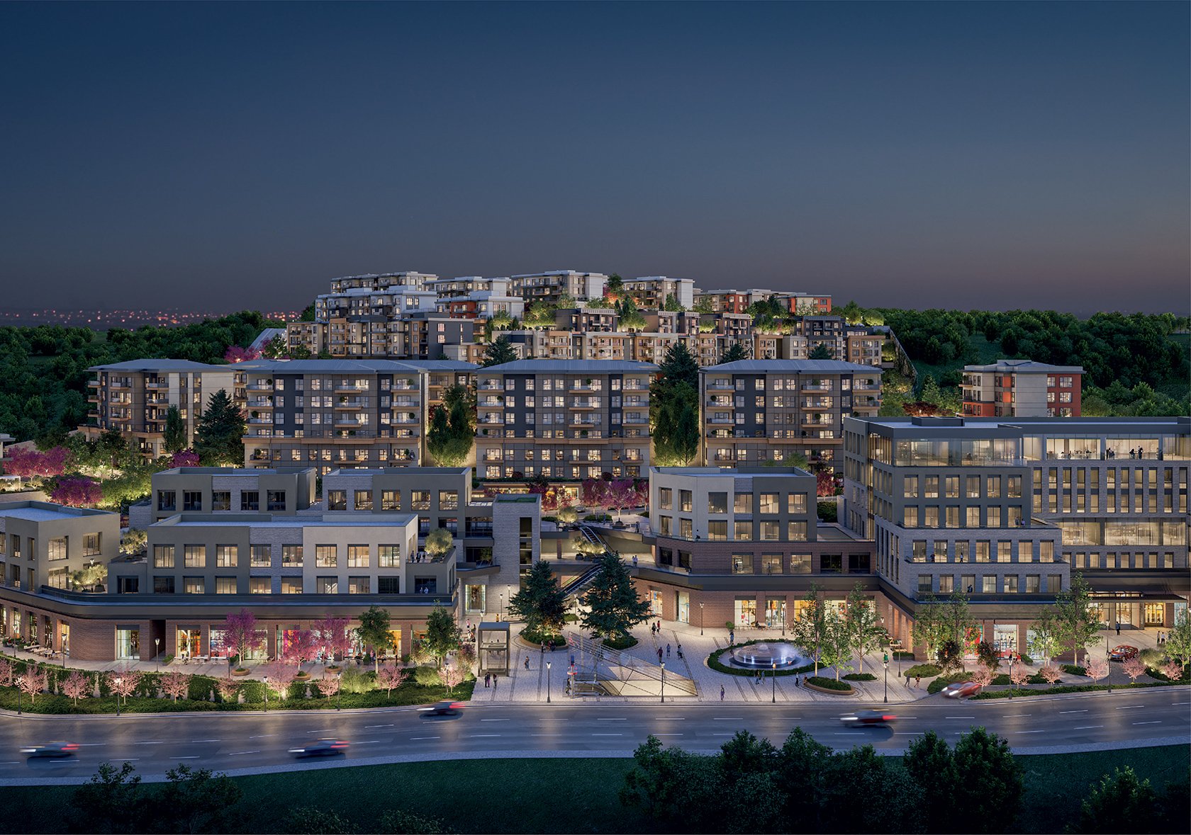 Referans Pendik residential blocks and commercial street on the hillside in the evening