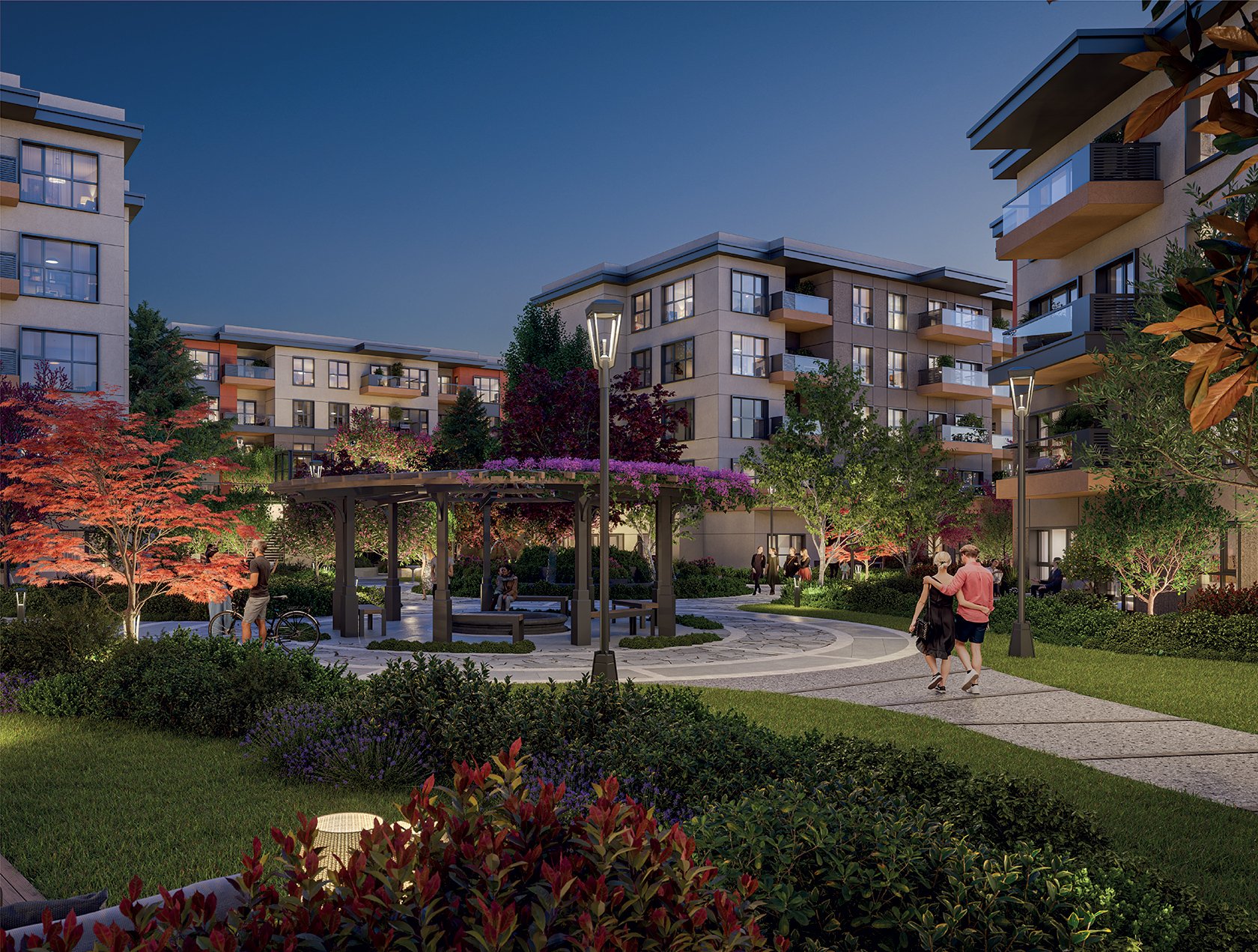 Referans Pendik pergola garden and walking paths in the evening