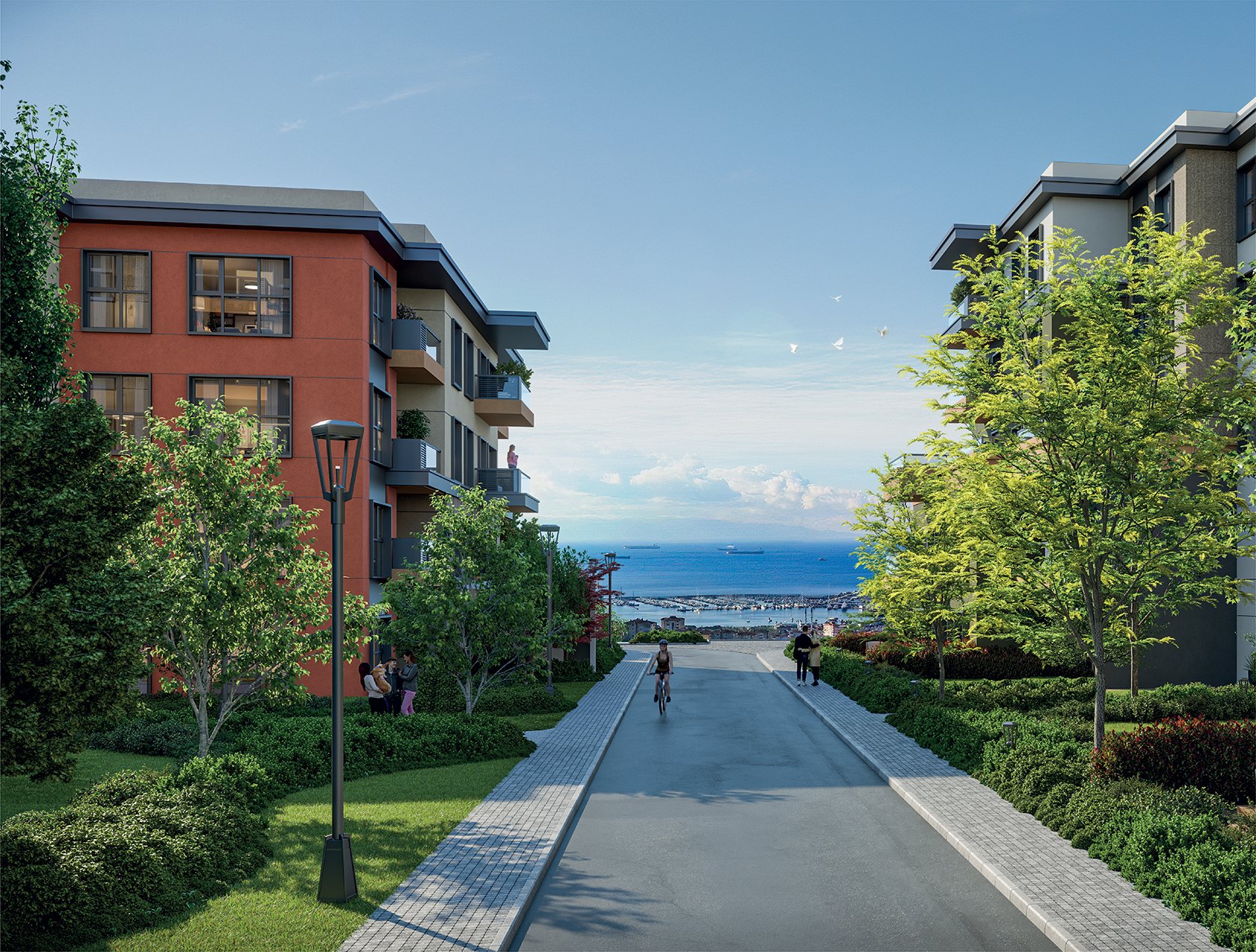 Referans Pendik tree-lined street leading down towards the sea