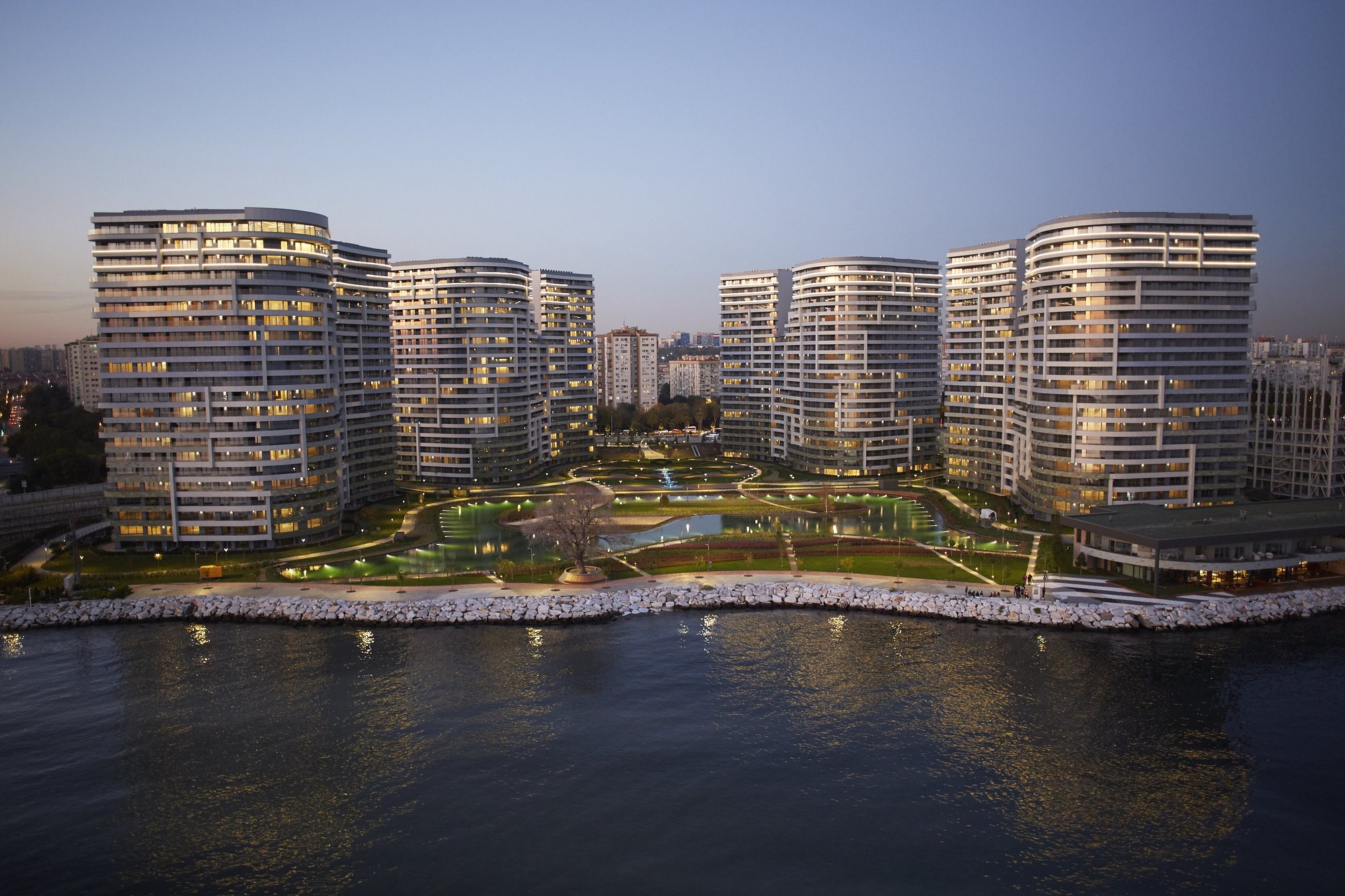 Sea Pearl Ataköy towers on the Marmara coast at dusk