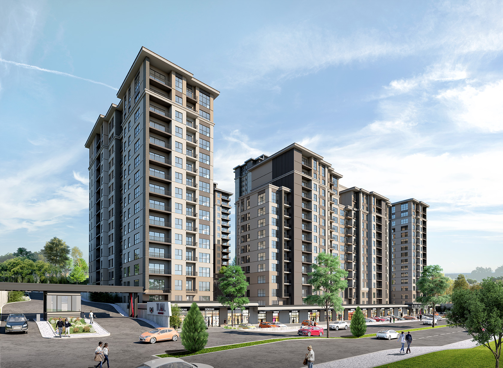 Tual Comfort residential towers and entrance in Ispartakule