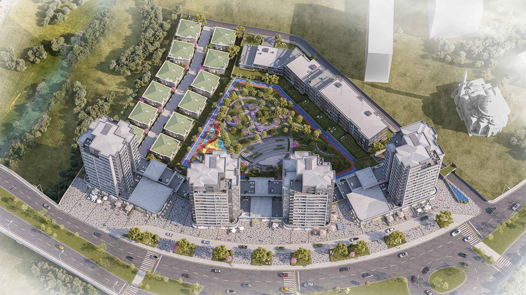 Vadi Panorama aerial view: towers, low-rise blocks, 12 villas and the central garden in Başakşehir
